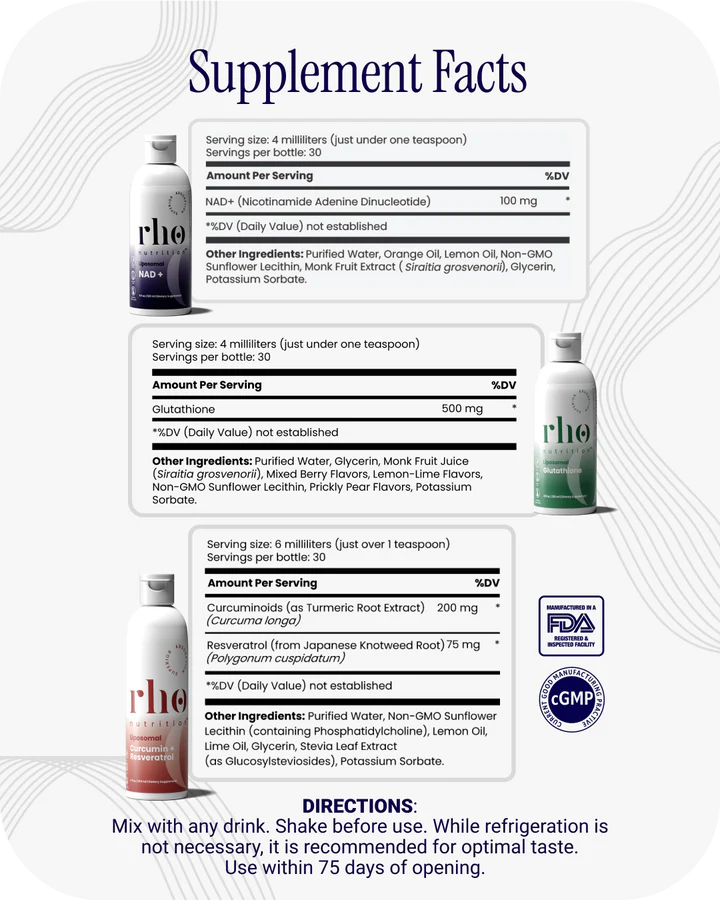 Cellular Health Essentials Bundle – Liquid Liposomal Supplements for Healthy Aging & Cellular Support - NAD+, Curcumin + Resveratrol, & Glutathione (3 Pack)