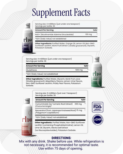 Cellular Health Essentials Bundle – Liquid Liposomal Supplements for Healthy Aging & Cellular Support - NAD+, Curcumin + Resveratrol, & Glutathione (3 Pack)